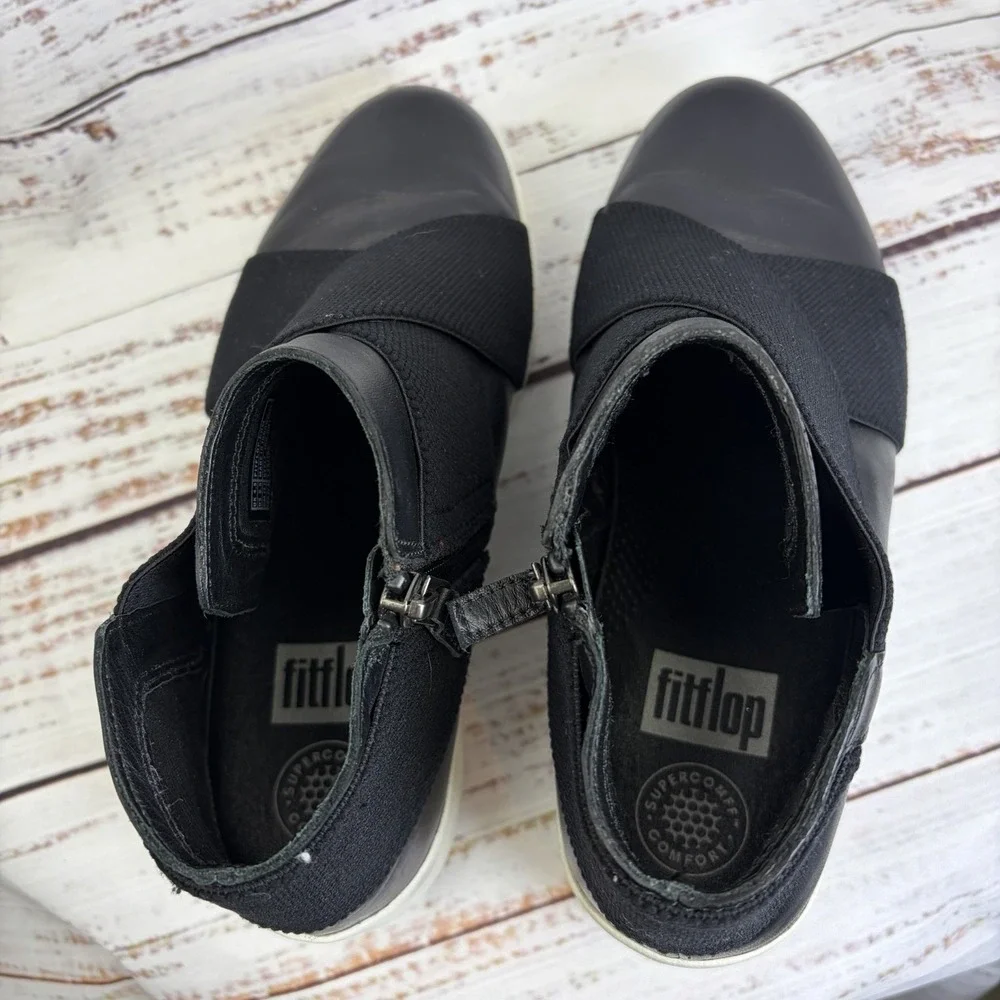 Fitflop Boots 6.5‎ Womens Black Superflex Leather Bootie Wedge Round Toe Low Zip